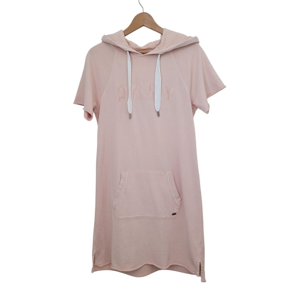 DKNY Sport Pink Hooded Short Sleeve Raw Hem Sweater Dress w/ Kangaroo Pocket Med